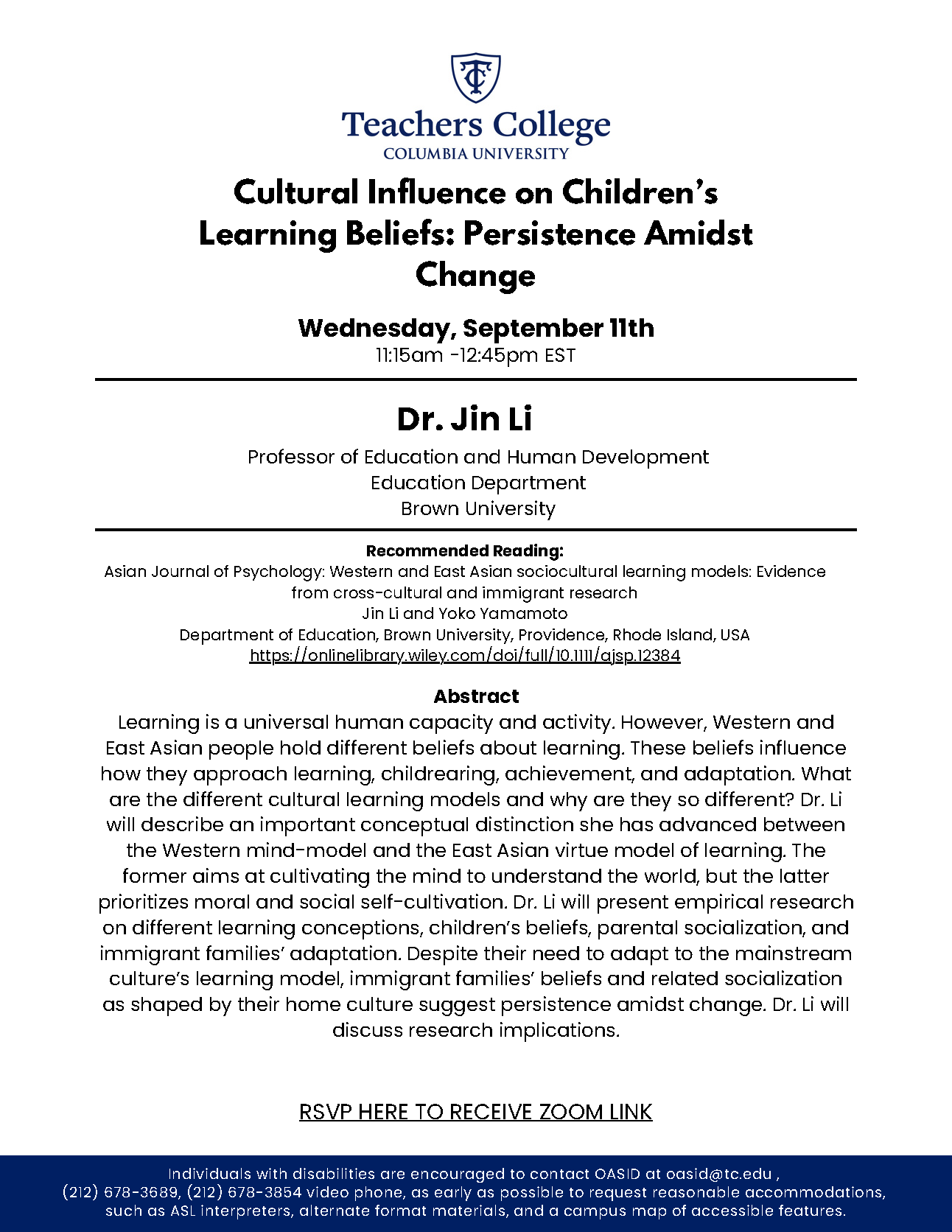 Event Flyer for HUD Colloquium Fall 2024 Presents: Dr. Jin Li; For more details, refer to the event descriptions below.