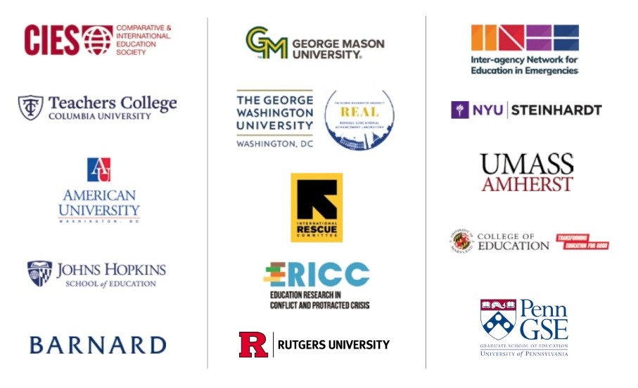 logos of sponsors of the Education Migration and Displacement 2026 Conference, including CIES, Teachers College, American University, Barnard, GM, GWU, International Rescue Commttee, ERICC, INEE, NYU Steinhardt, Rutgers Univ, College of Education, and Penn GSE