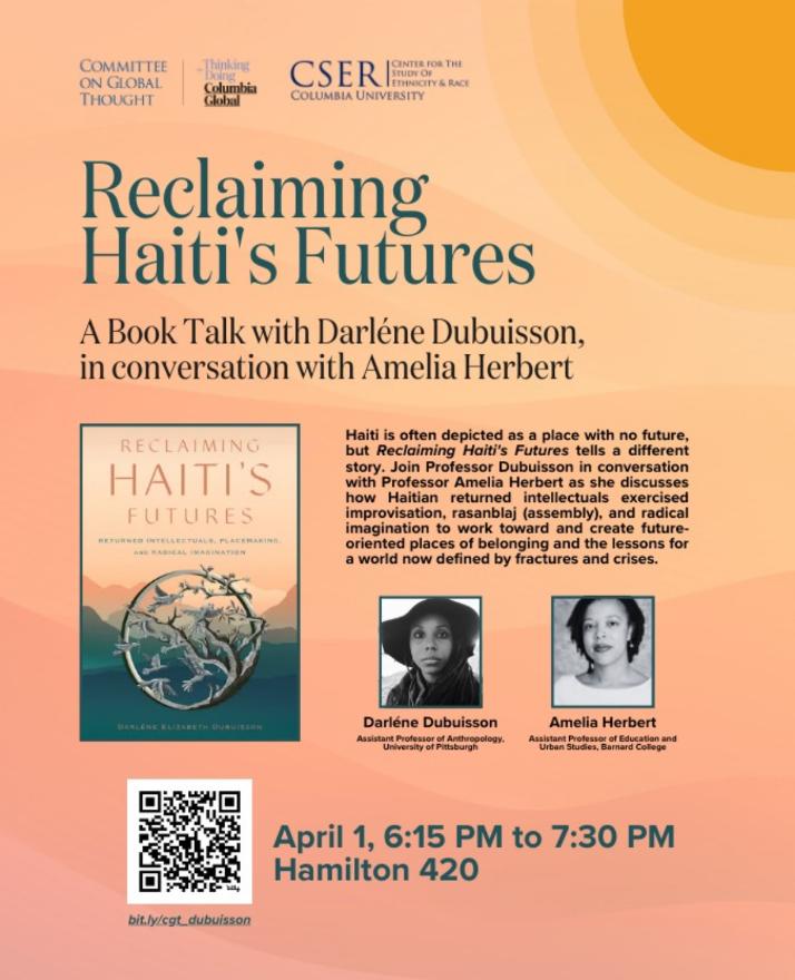 Event flyer for a book talk being held on April 1st, 2025. The book 