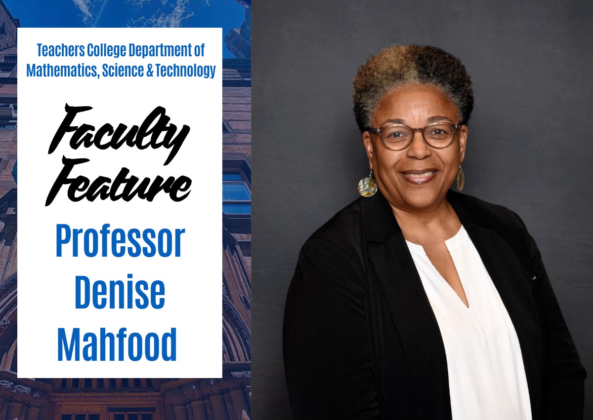 Headshot of Professor Denise Mahfood next to blue and black text that reads