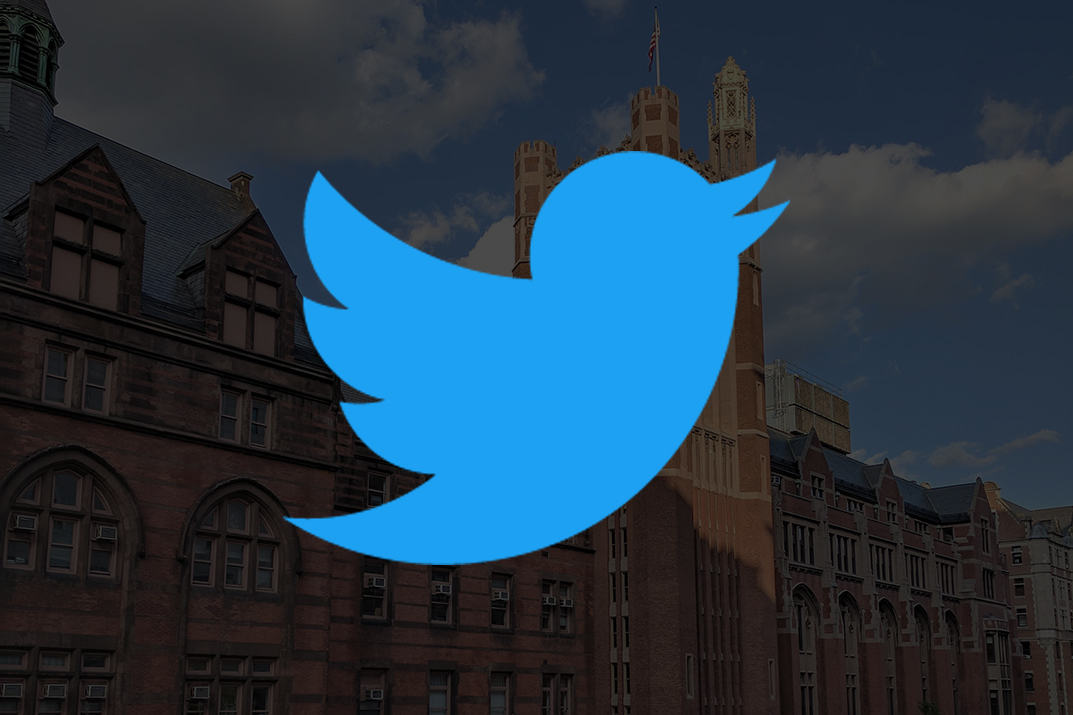Twitter icon displayed over a picture of a TC campus building