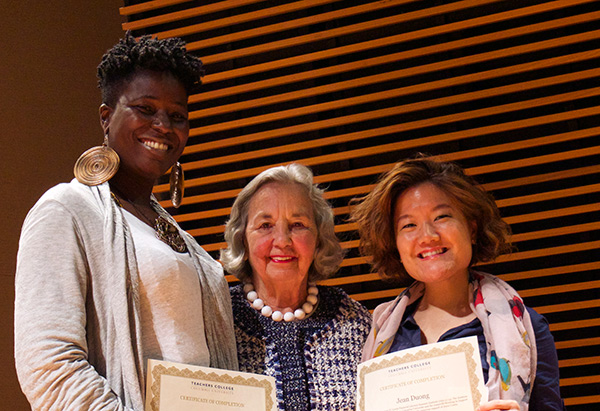 TC Trustee Joyce B. Cowin (M.A. '52) with Cowin Program alumni Kendra Banks (left) and Jean Duong.