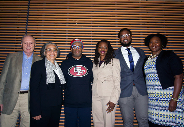 Director Spike Lee (third from left) with (from left) TC Provost Tom James; Janice Robinson, Vice President for Diversity & Community Affairs; Yolanda Sealey-Ruiz, Associate Professor of English Education; Patrick Gladston Williamson (M.A. '16); and Felicia Mensah, Professor of Science Education. 