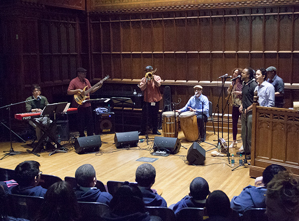 Los Pleneros de la 21 kicks it up in Milbank Chapel (Photo Credit: Nicole Marenbach)