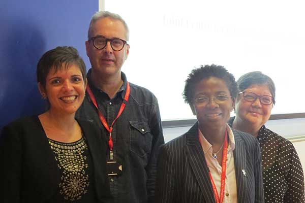 From left: Mariana Souto-Manning, TC Associate Professor of Early Childhood Education; King's College faculty member Viv Ellis, who is currently Sachs Lecturer and Visiting Researcher at TC; Professor Funmi Olonisakin, Vice President & Vice-Principal International at King’s; and A. Lin Goodwin, TC Vice Dean and Evenden Professor of Education