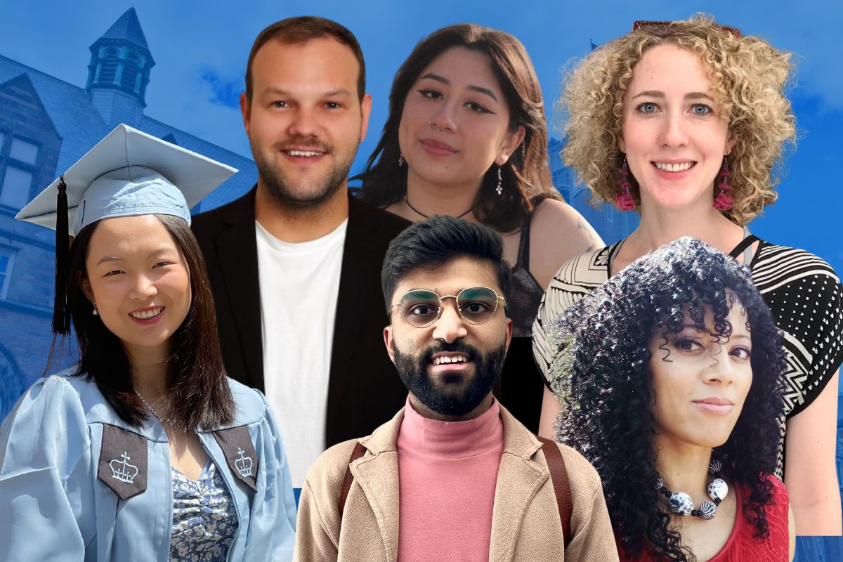 Collage of six graduate students on a blue background
