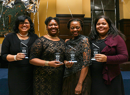 MUCH APPRECIATED Four recently promoted faculty members were honored by TC's Black Student Network. From left: Michelle Knight-Manuel, Felicia Mensah, Yolanda Sealey-Ruiz and Erica Walker. (Photo: Abigail Lopez)