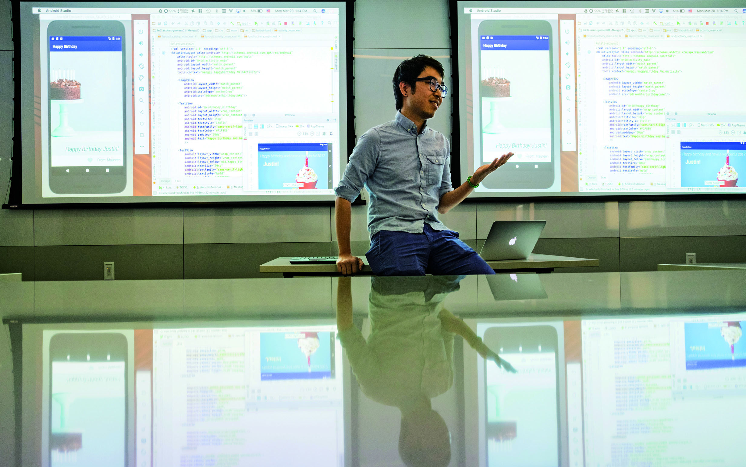 A “smart” classroom on Grace Dodge Hall’s second floor helps Math, Science & Technology Instructor Jonathan (Dasheng) Zhang get his message across about Android development.