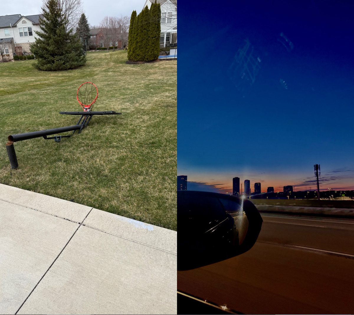 Two images side by side: on the left is a basketball hoop that has fallen over on grass. On the right is a city skyline at sunset
