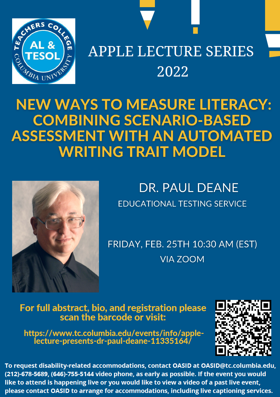 Event Flyer for APPLE Lecture Presents Dr. Paul Deane; For more details, refer to the event descriptions below.