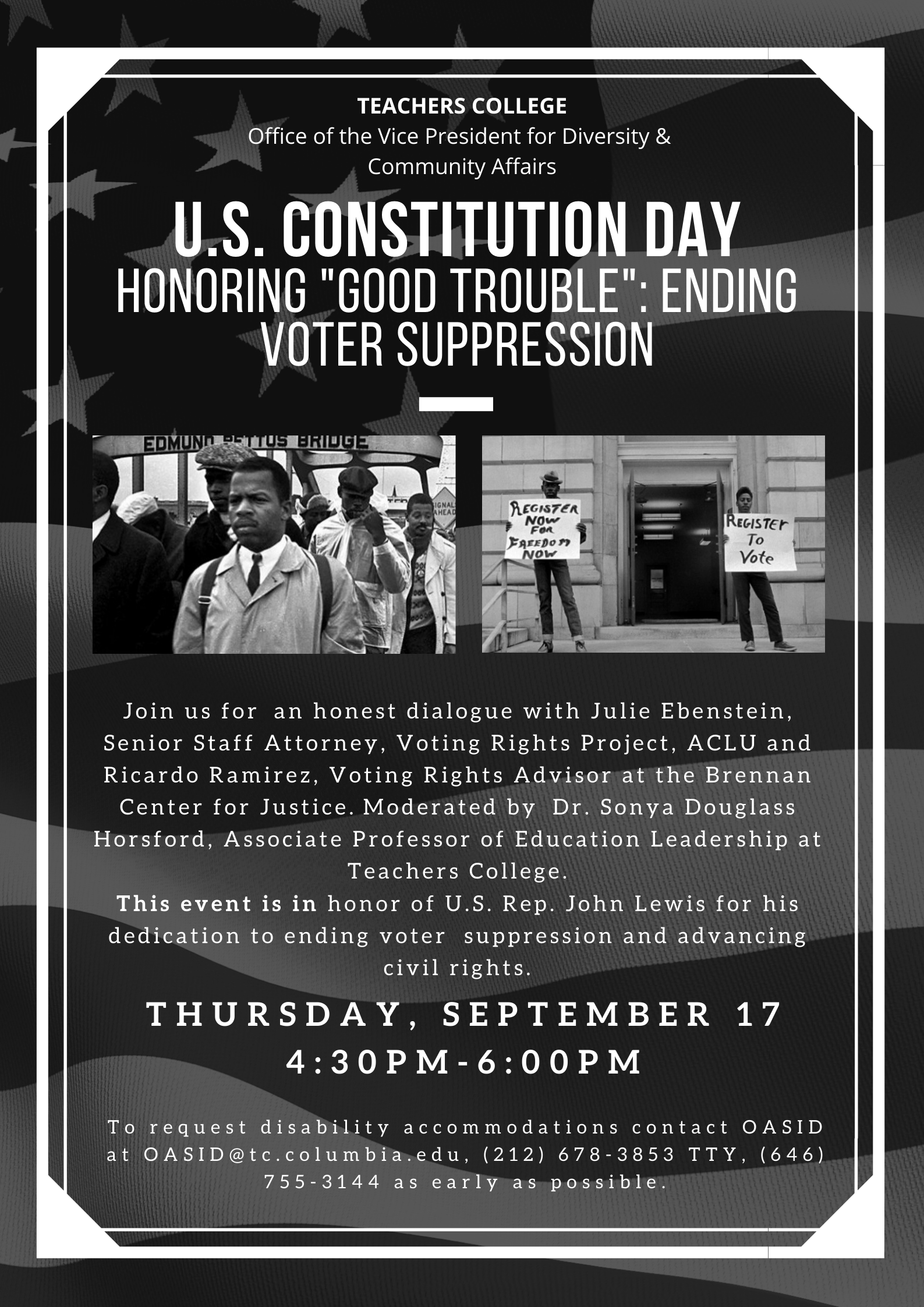 Event Flyer for Honoring Good Trouble: Ending Voter Suppression; For more details, refer to the event descriptions below.