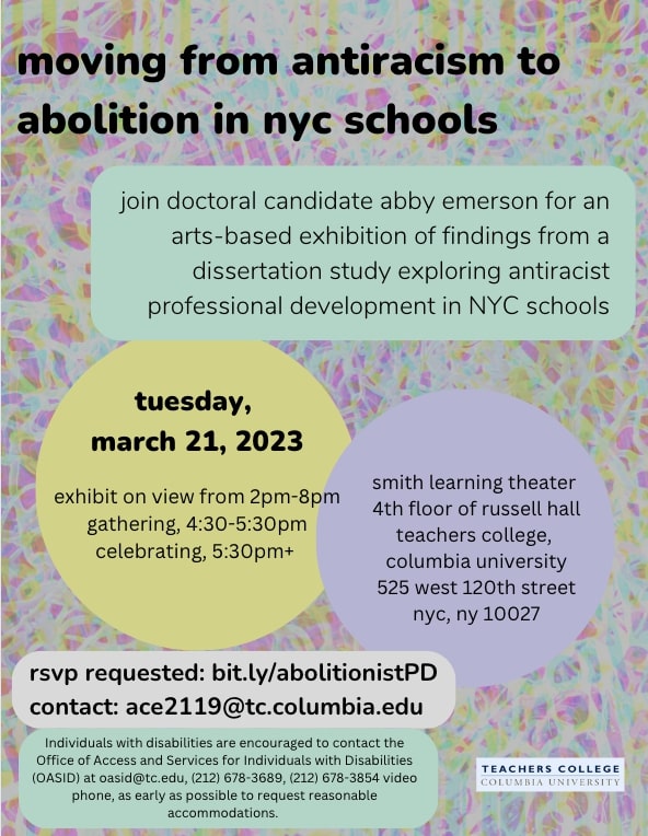Event Flyer for Moving from Antiracism to Abolition in NYC Schools; For more details, refer to the event descriptions below.