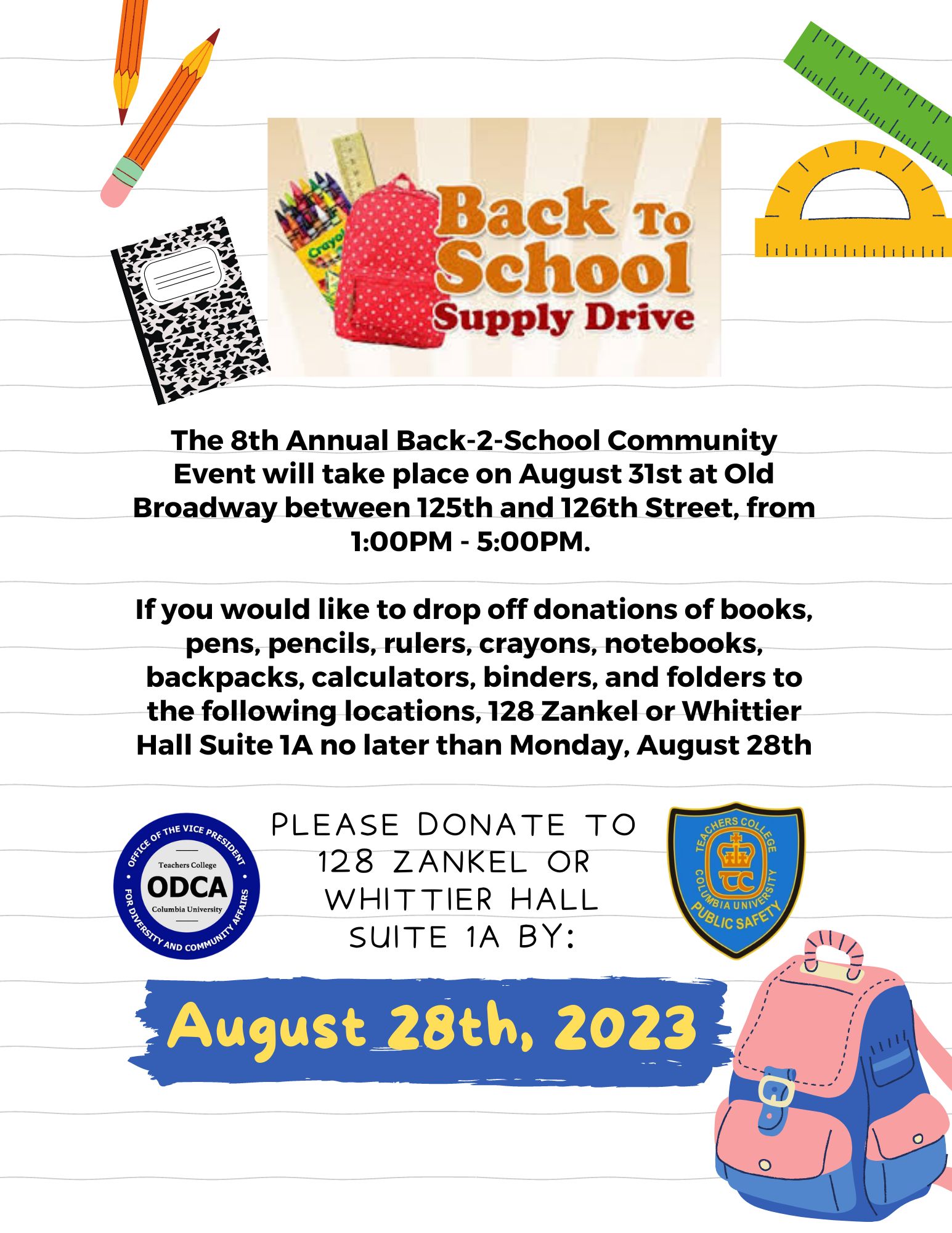Event Flyer for 8th Annual Back-2-School Community Event; For more details, refer to the event descriptions below.