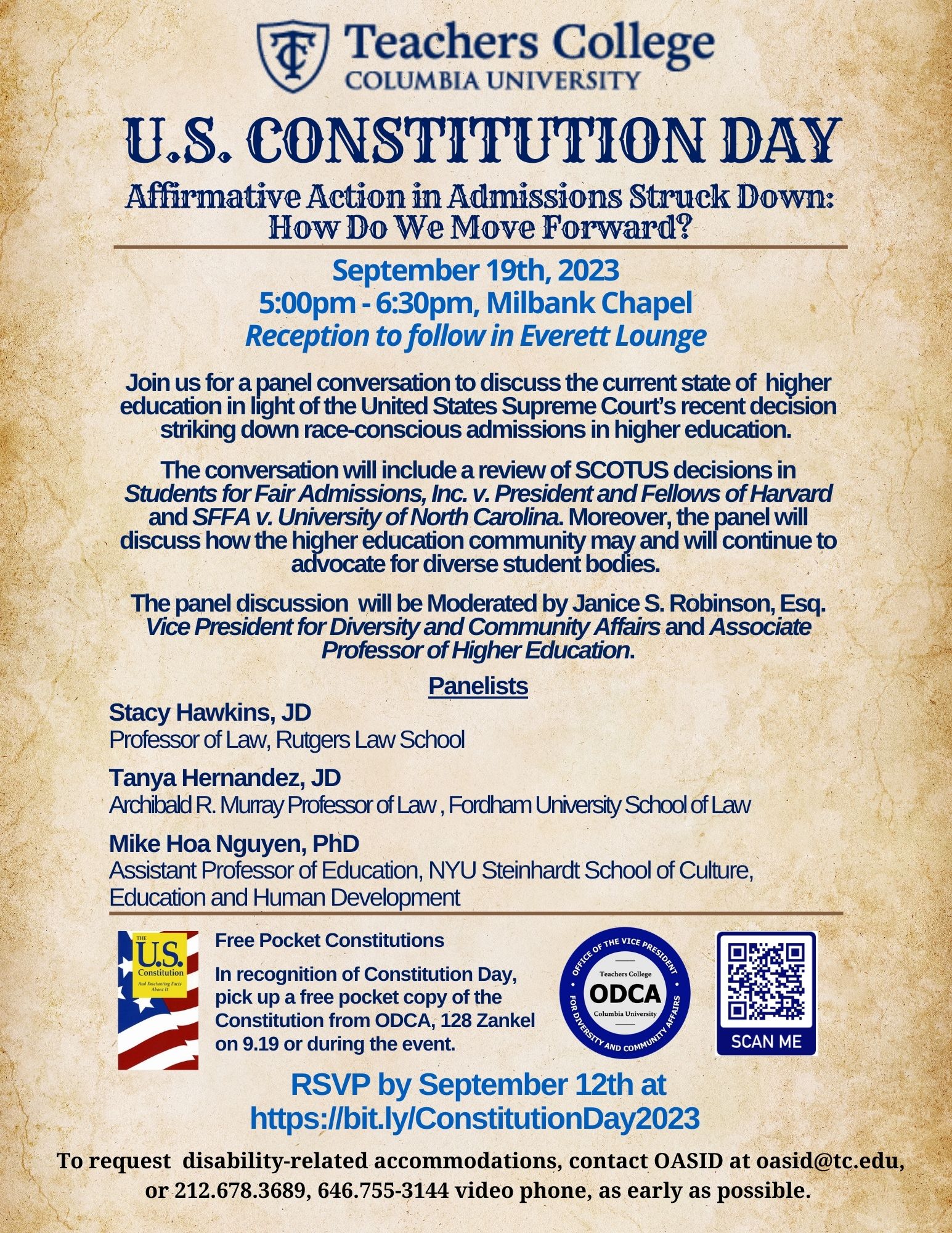 Event Flyer for U.S. Constitution Day: Affirmative Action in Admissions Struck Down: How Do We Move Forward?; For more details, refer to the event descriptions below.
