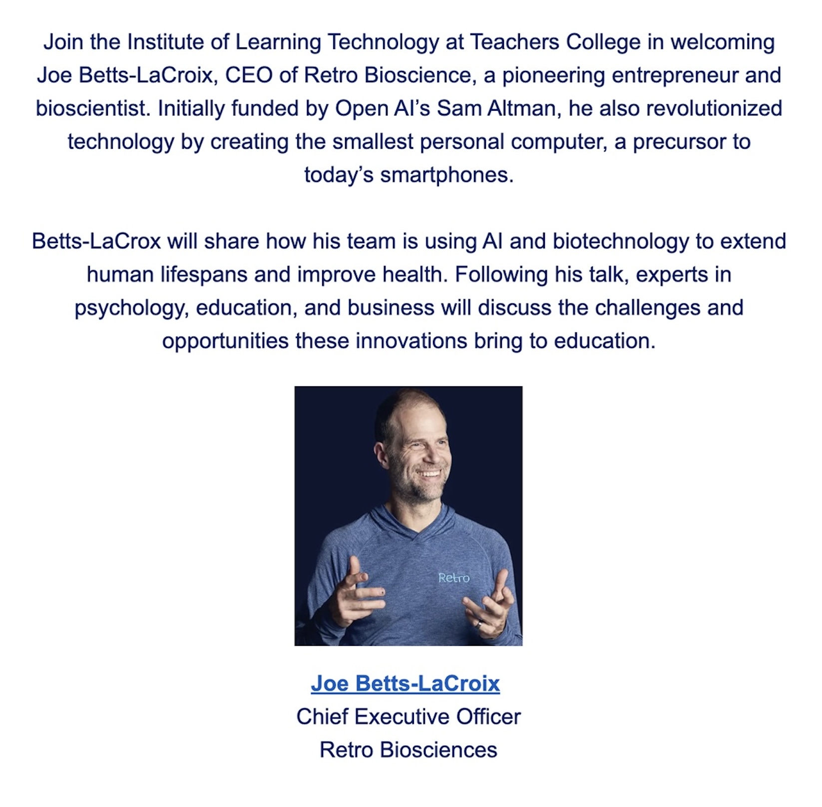 Event Flyer for ILT Presents: AI and Longevity with Joe Betts-LaCroix; For more details, refer to the event descriptions below.