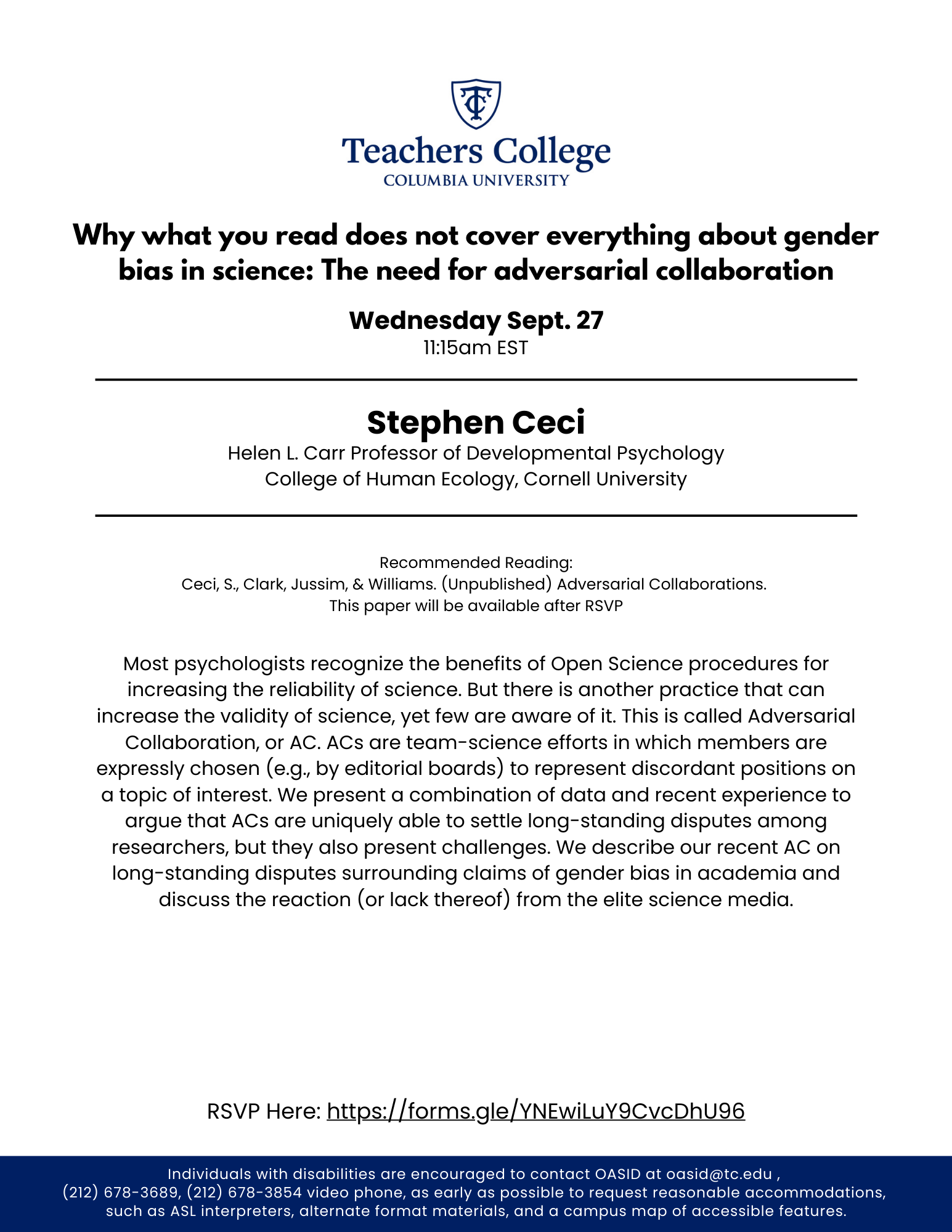 Event Flyer for HUD Colloquium Fall 2023 Presents: Why what you read does not cover everything about gender
bias in science: The need for adversarial collaboration; For more details, refer to the event descriptions below.