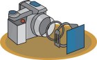 Graphic of a silver camera with it's lens being taken apart