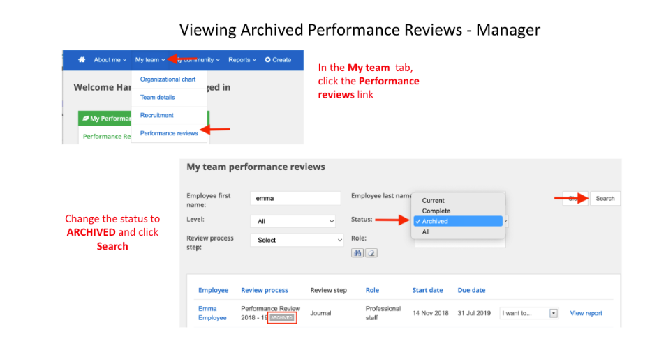 Viewing archived performance reviews guide