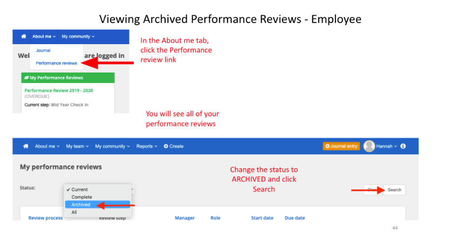 Viewing archived performance reviews guide