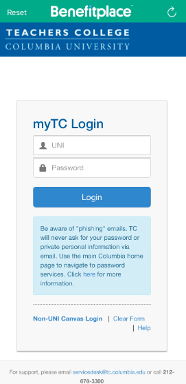 Screenshot depicting logging into myTC on the Benefitplace app