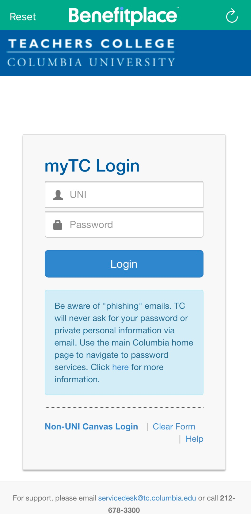 Screenshot depicting logging into myTC on the Benefitplace app