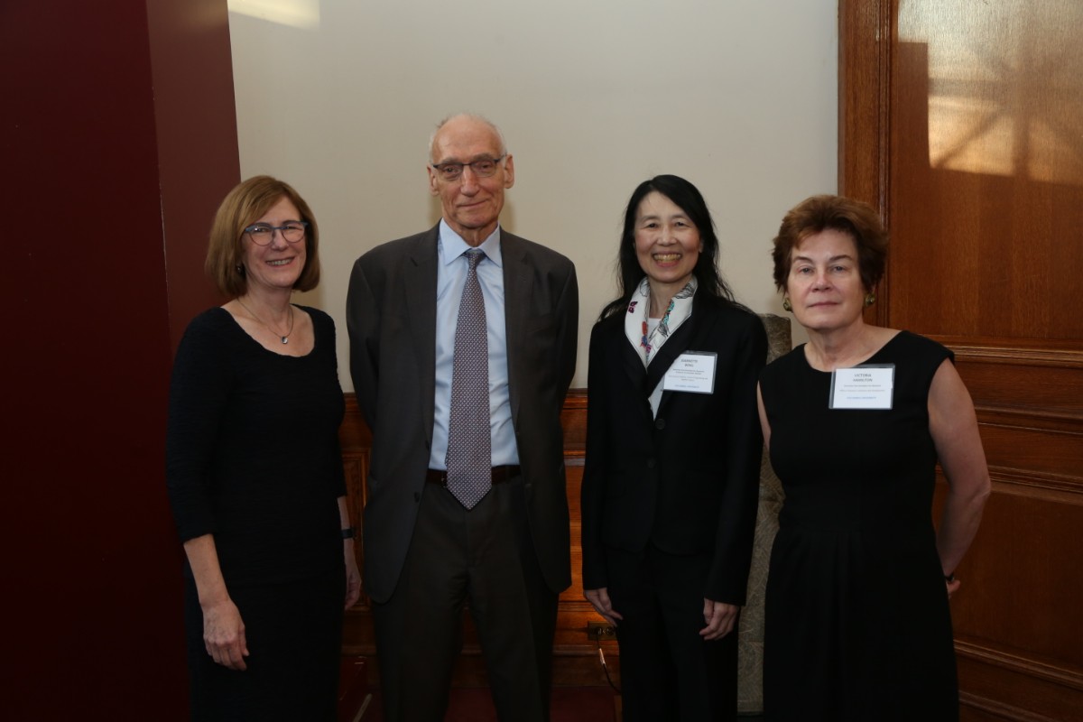 (L-R) Teachers College Vice Dean for Research Carol Hammer, Teachers College President Thomas Bailey, Columbia University EVP for Research Jeannette Wing, and Columbia University AVP for Research Initiatives and Development Victoria Hamilton (Photo: Teachers College/Bruce Gilbert)