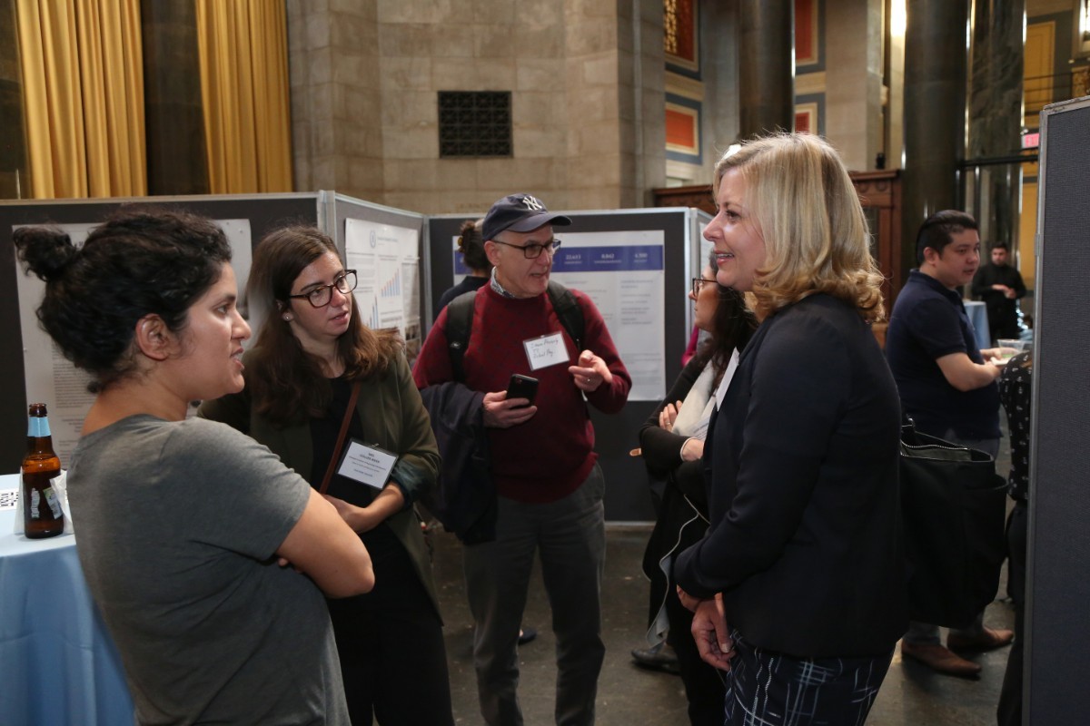 (L-R) Poster Session, Profs. Prerna Arora, Melissa Collier-Meek, Stephen Peverly, Laudan Jahromi, and Lori Quinn (Photo: Teachers College/Bruce Gilbert)