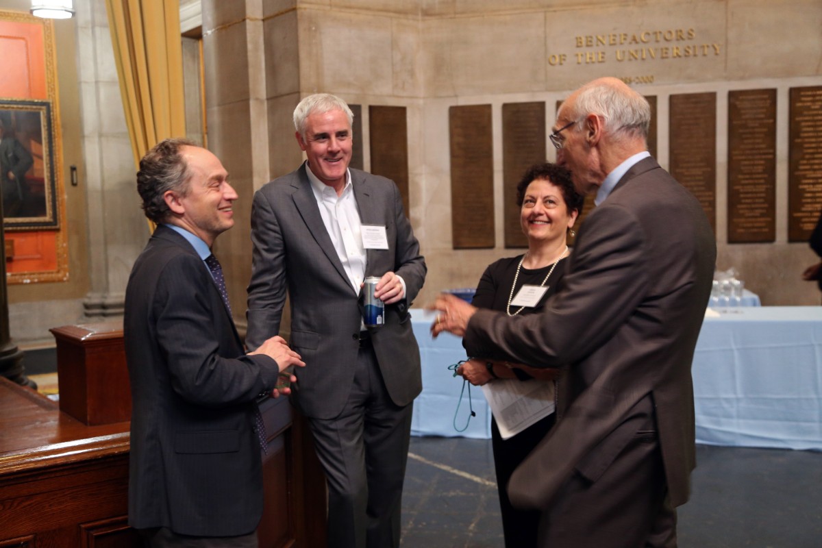 (L-R) Poster Session, Columbia University Alliance Program Director Emmanuel Kattan, Teachers College Prof. Peter Coleman, TC Assistant Director of Research Harriet Jackson, and Teachers College President Thomas Bailey (Photo: Teachers College/Bruce Gilbert)