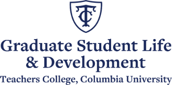 Primary logo with Shield and center aligned text: Graduate Student Life & Development beneath Teachers College Columbia University