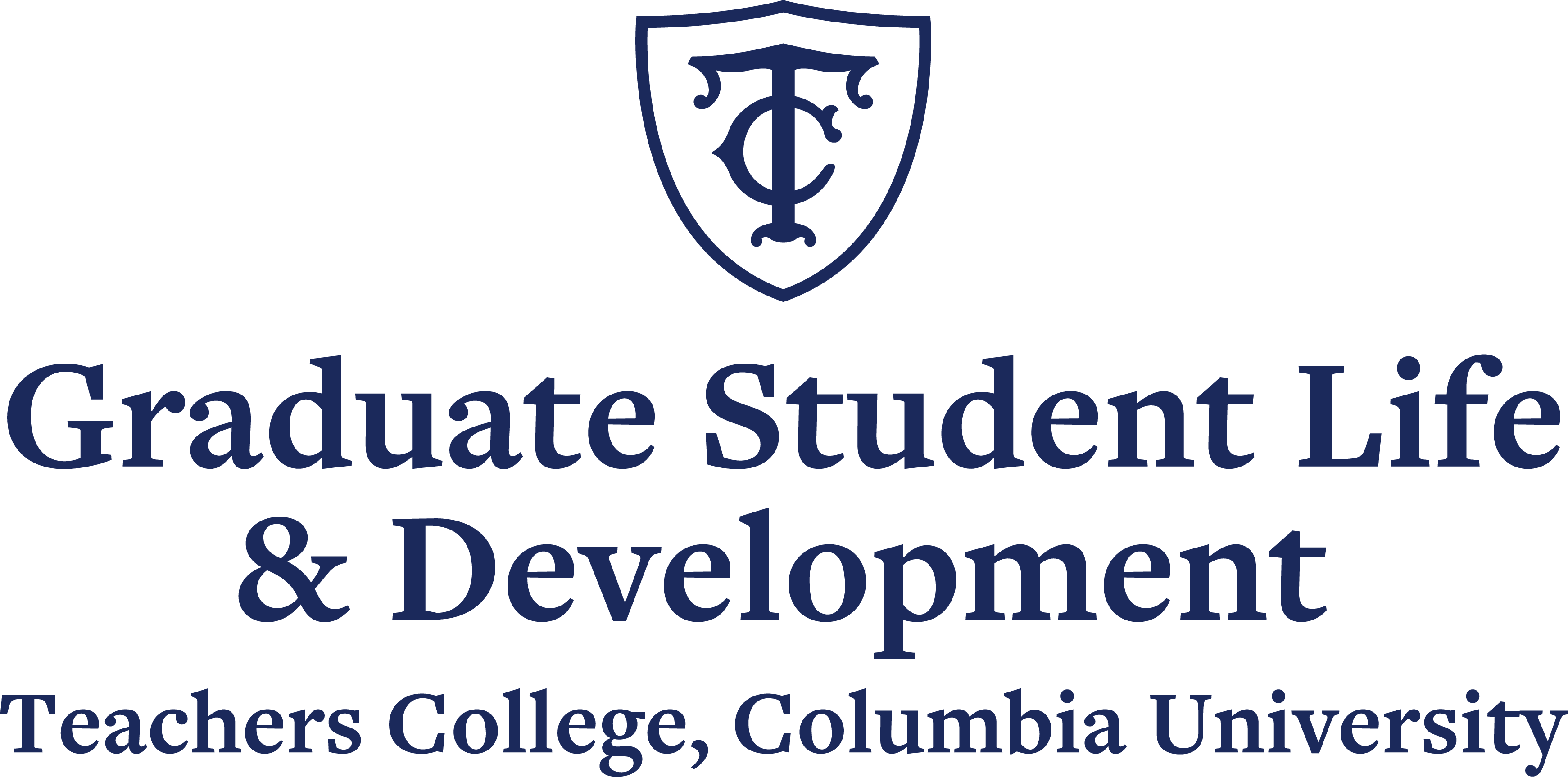 Primary logo with Shield and center aligned text: Graduate Student Life & Development beneath Teachers College Columbia University