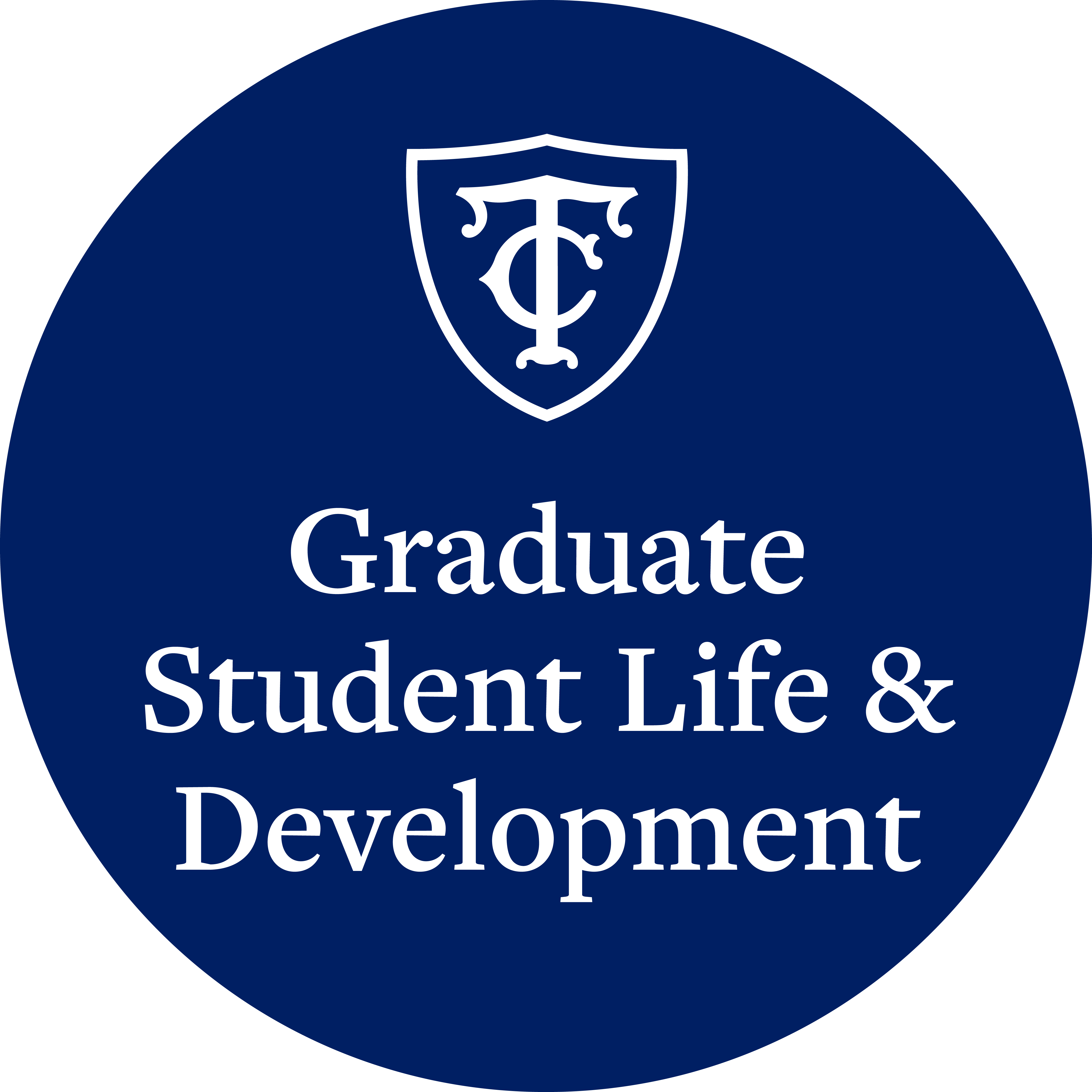 Circular logo with navy background and white text: Centered TC shield with Graduate Student Life and Development below
