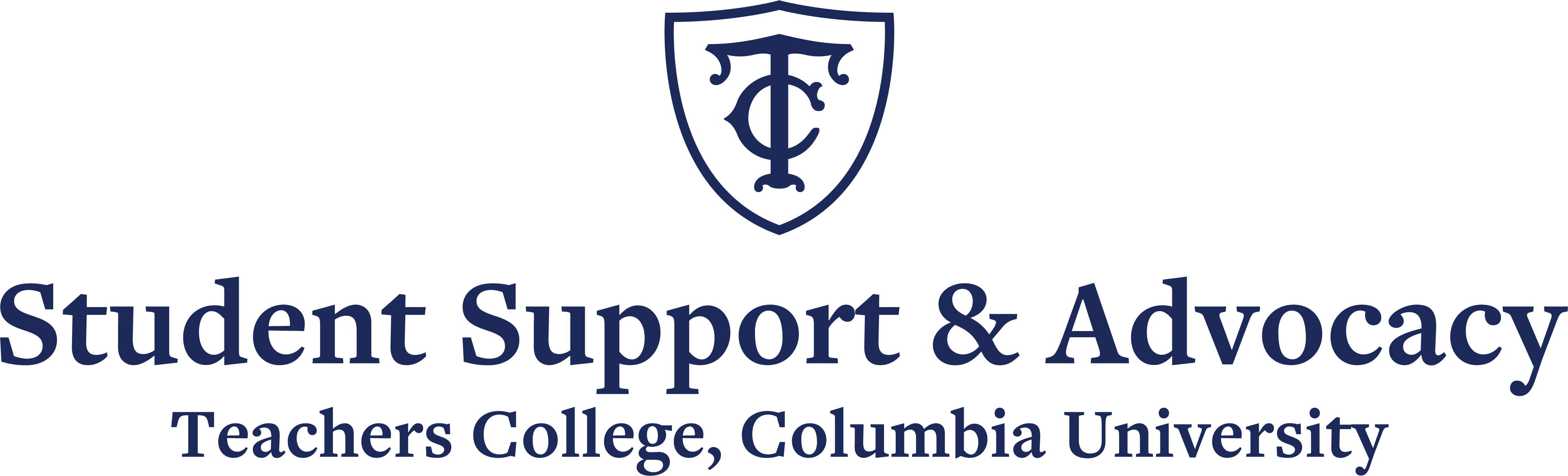 Primary logo with Shield and center aligned text: Student Support and Advocacy beneath Teachers College Columbia University
