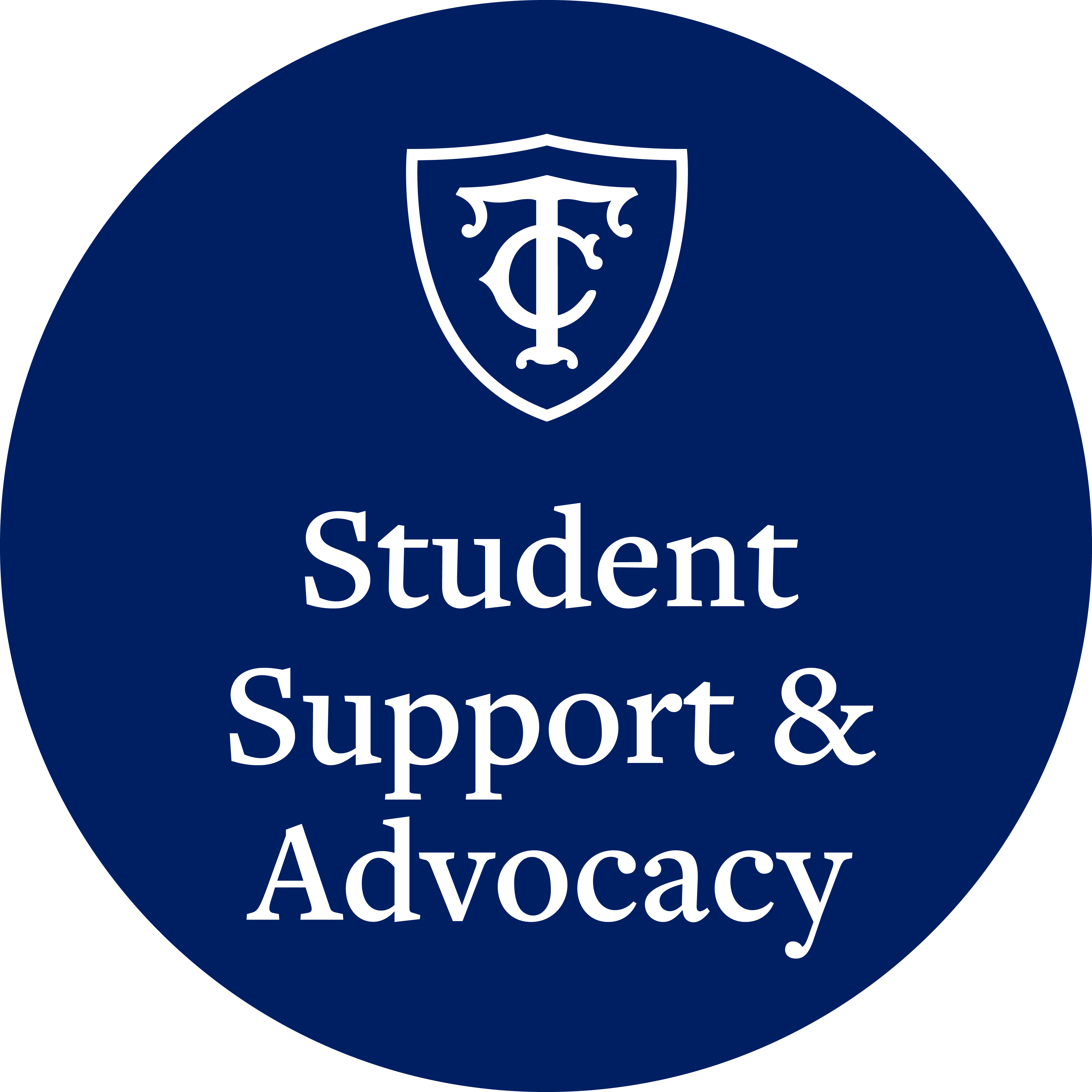 Round logo: navy blue background with white TC shield and Student Support and Advocacy Centered Text