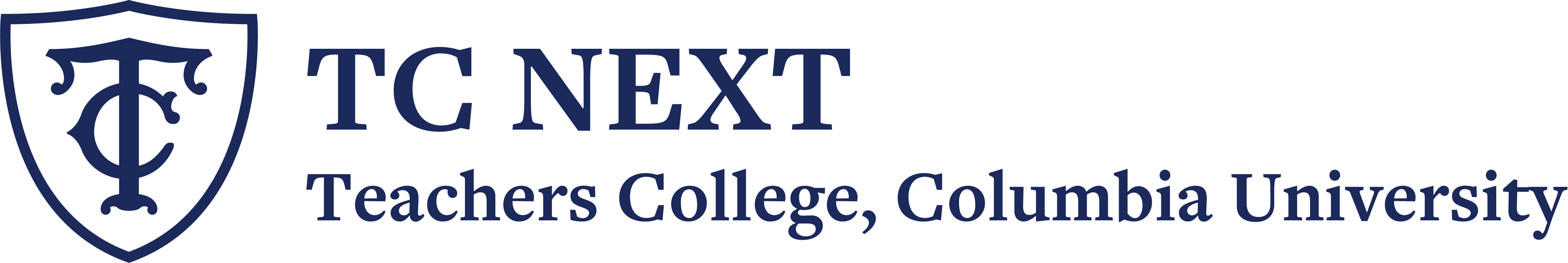 Left Aligned TC NEXT logo. Flush left to the navy blue TC Shield, is the office name TC NEXT (line break) Teachers College, Columbia University.