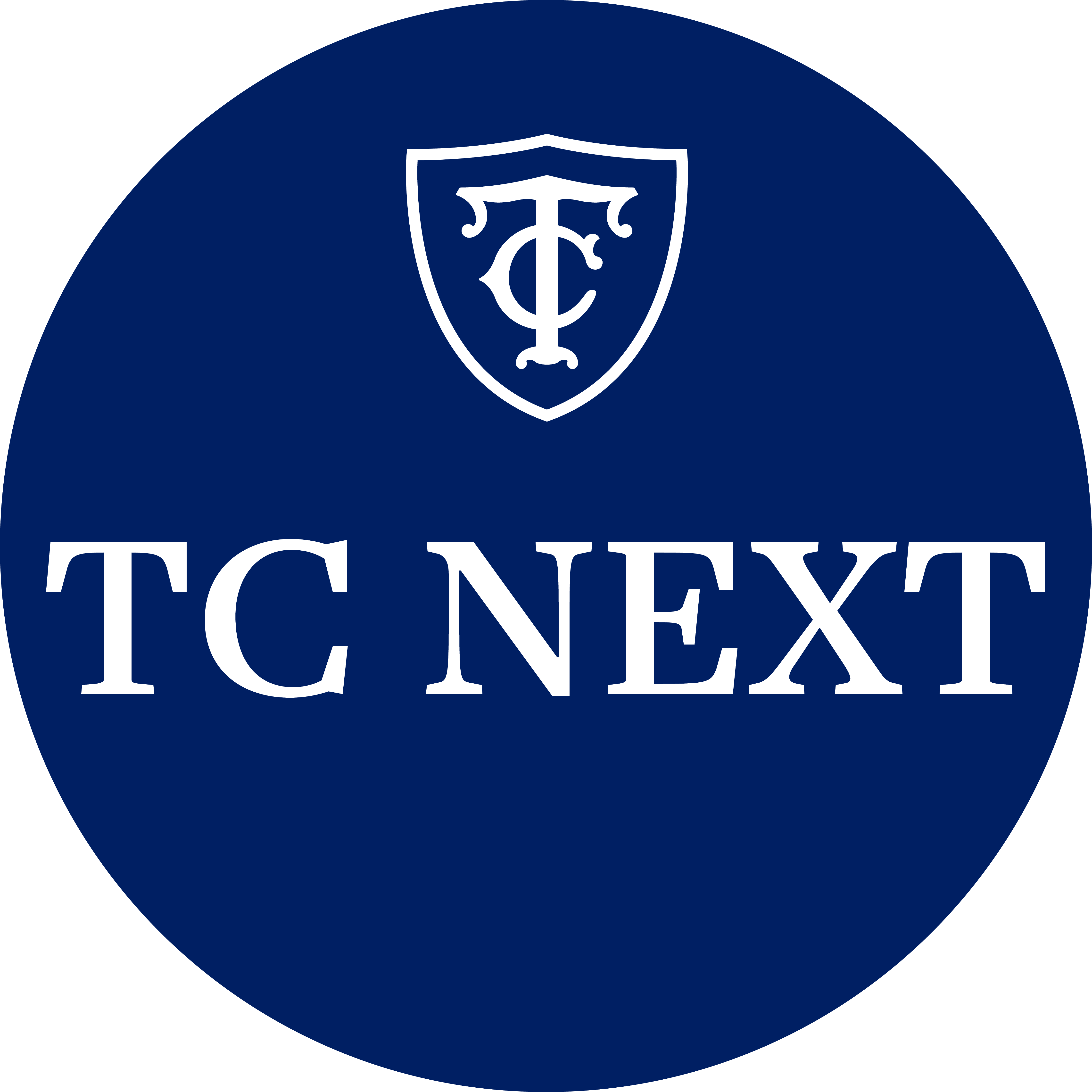 Against a navy blue circle, centered is the TC Shield in white and the centered white text which reads