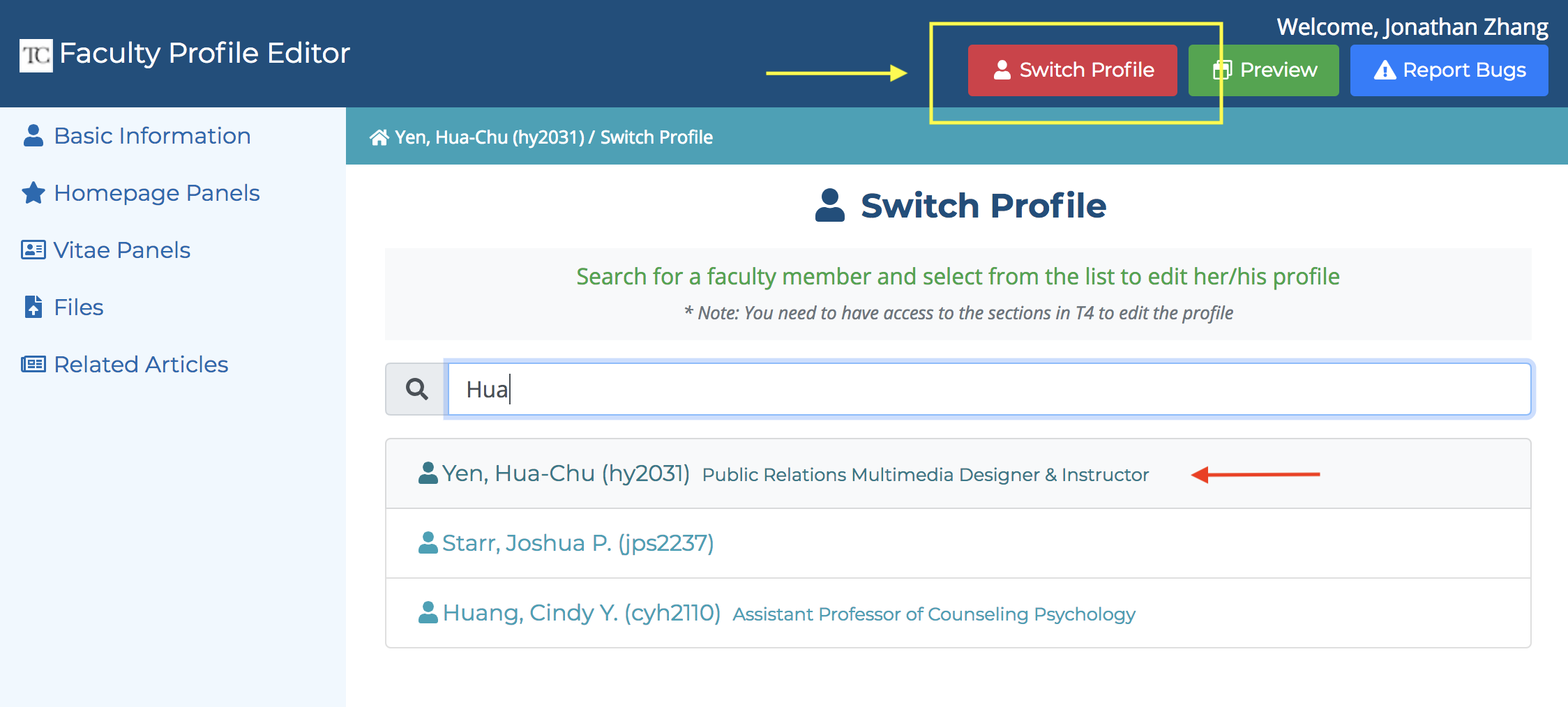 Screenshot of the Switch profile interface in the Faculty Profile Editor