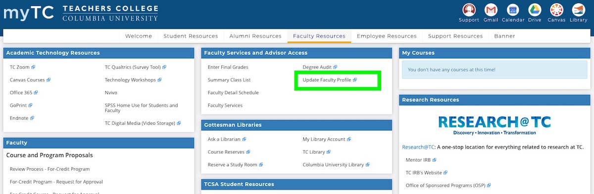 Screenshot of the location of the Faculty profile editor in myTC portal