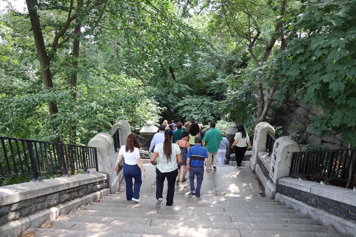 A group of people walking down a stone staircase in the middle of a park surrounded by green, leafy trees