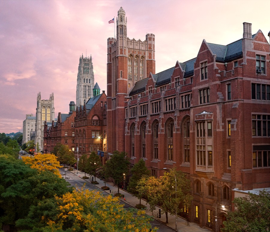 Campus building with sunset sky
