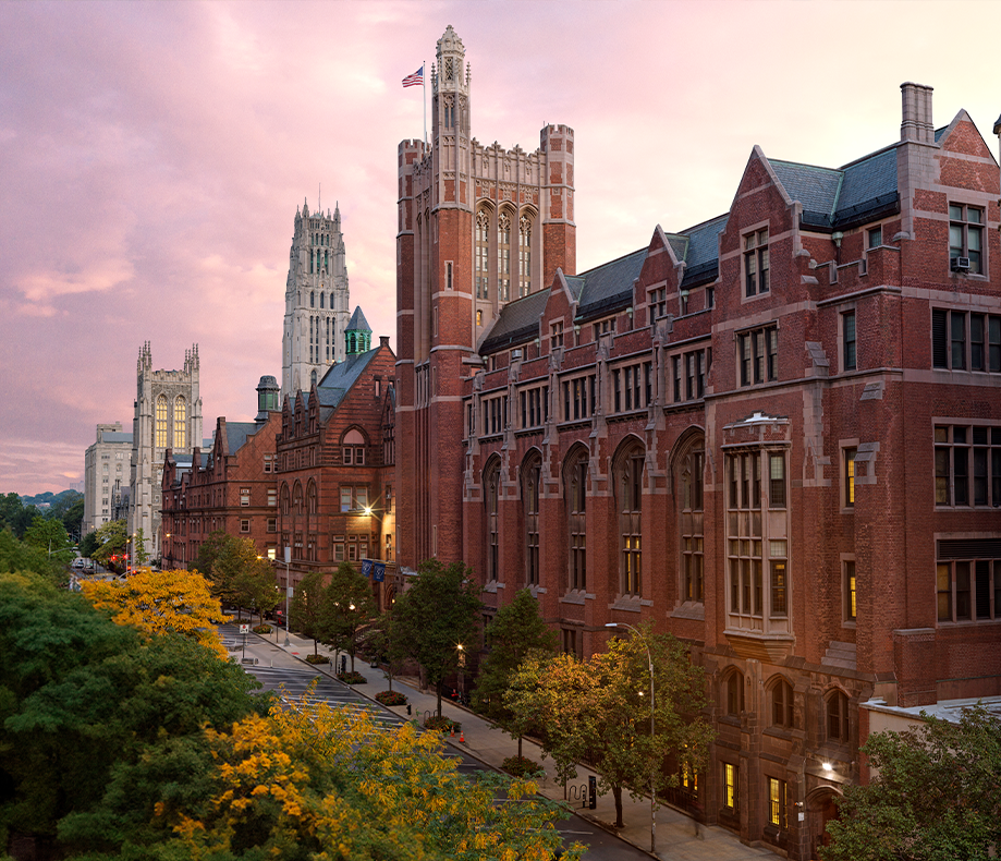 Campus building with sunset sky