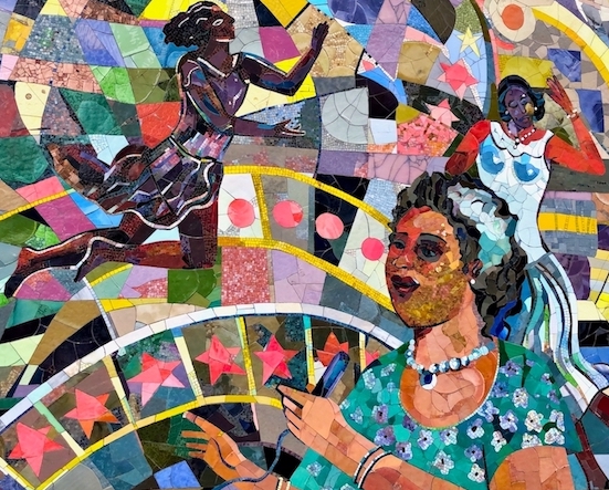 Three figures are depicted against a colorful background