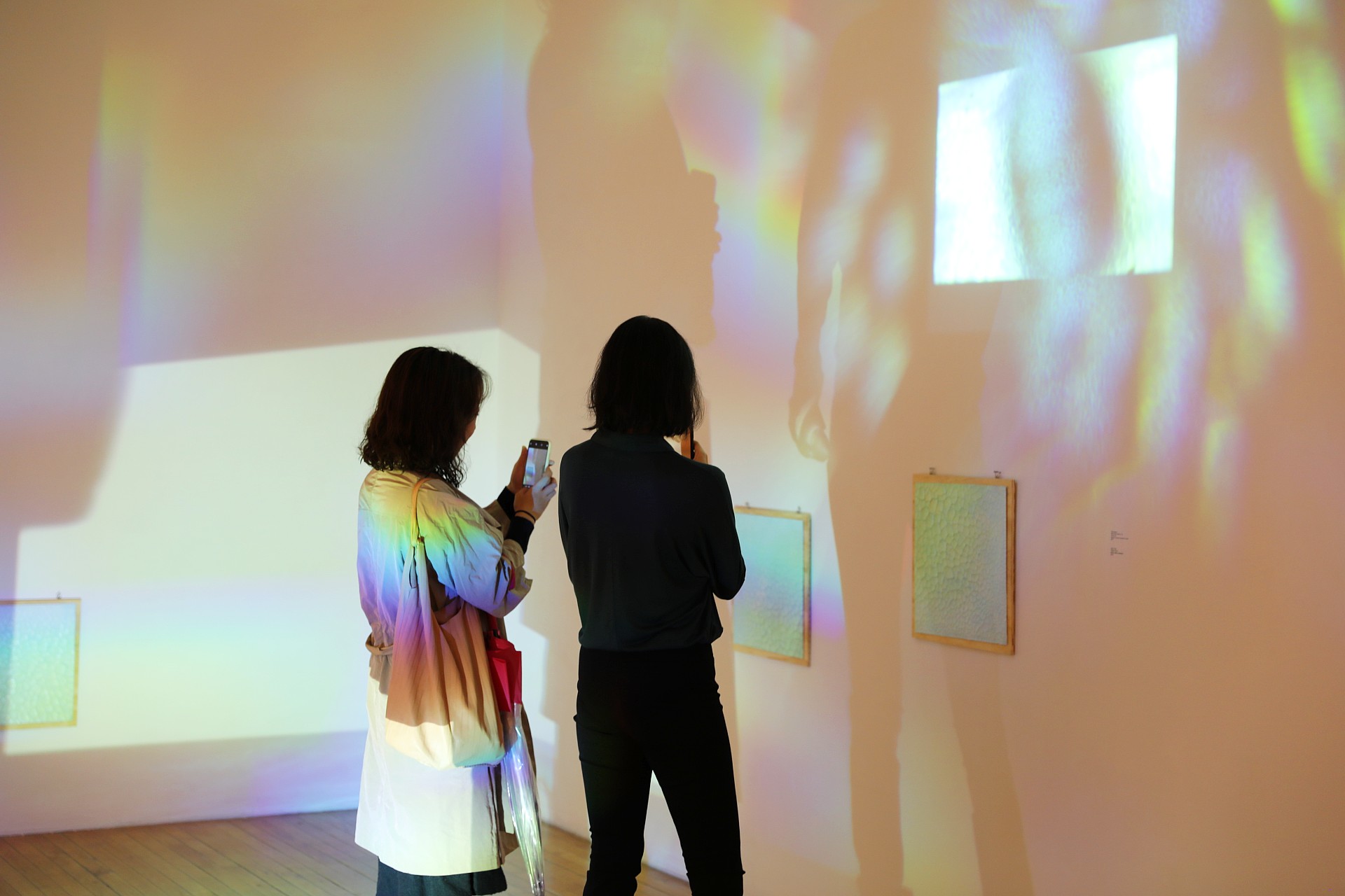Two people with their backs to the camera are observing an art installation.