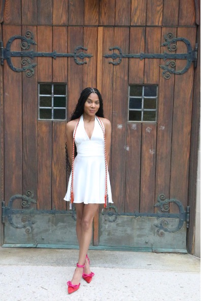 Student by wooden door