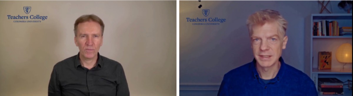 Instructors Dr. Richard Jochum and Dr. Chris Moffett are on screen facing the camera, with TC logos in the upper left-hand corner. They created AI avatars of themselves as a teaching tool in the class.