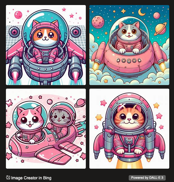 tiled arrangement of four cartoon cats in pink spacesuits and spaceships