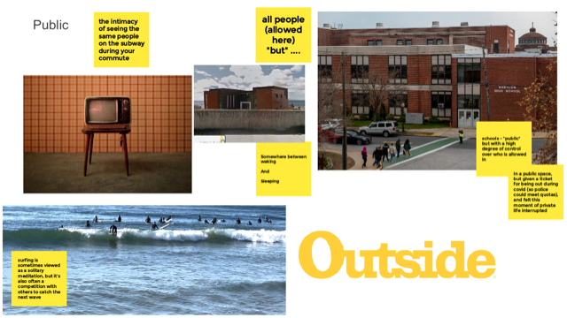 A screenshot of a jamboard, with images of surfing, a school, and a tv. Text on the slide includes 