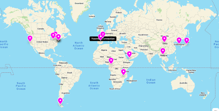 A map of the globe with pinned locations across North and South America, Africa, Europe, and Asia