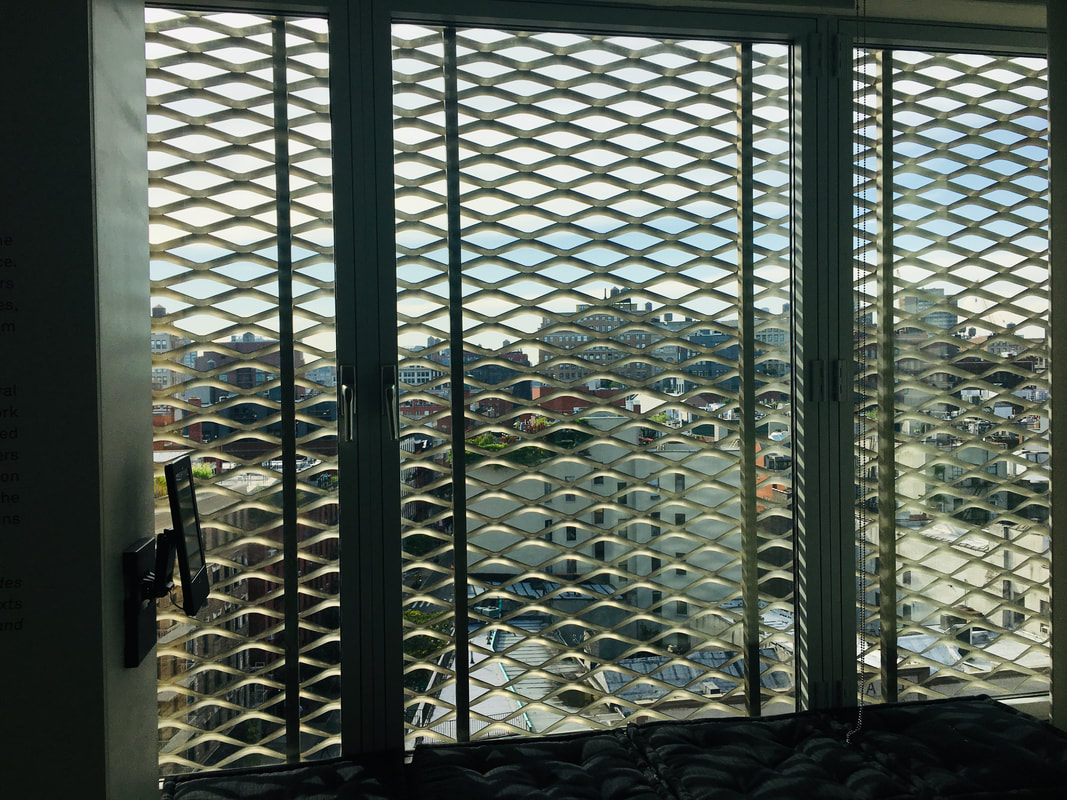 A window with a metal covering over it looking out over the city