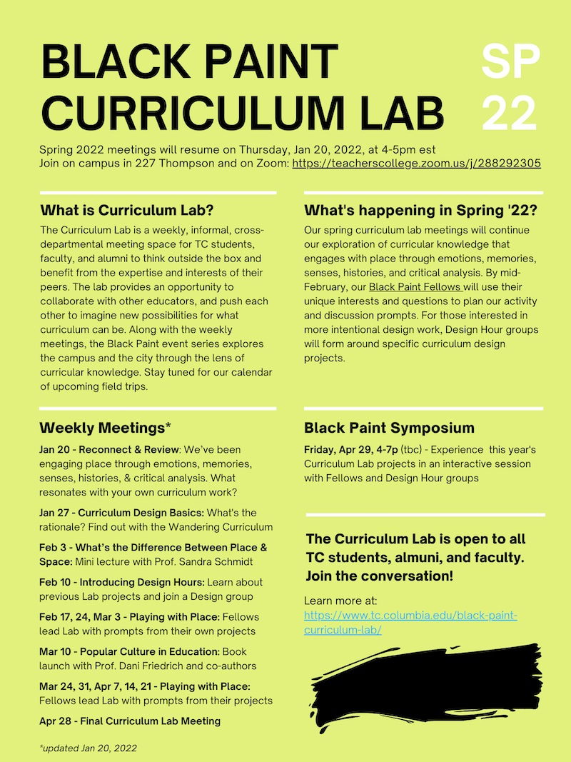 Lime Green flyer describes Curriculum Lab and lists Spring 2022 Dates