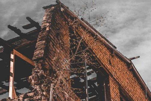 Crumbling brick facade in front of grey sky, with scraggly tree in front